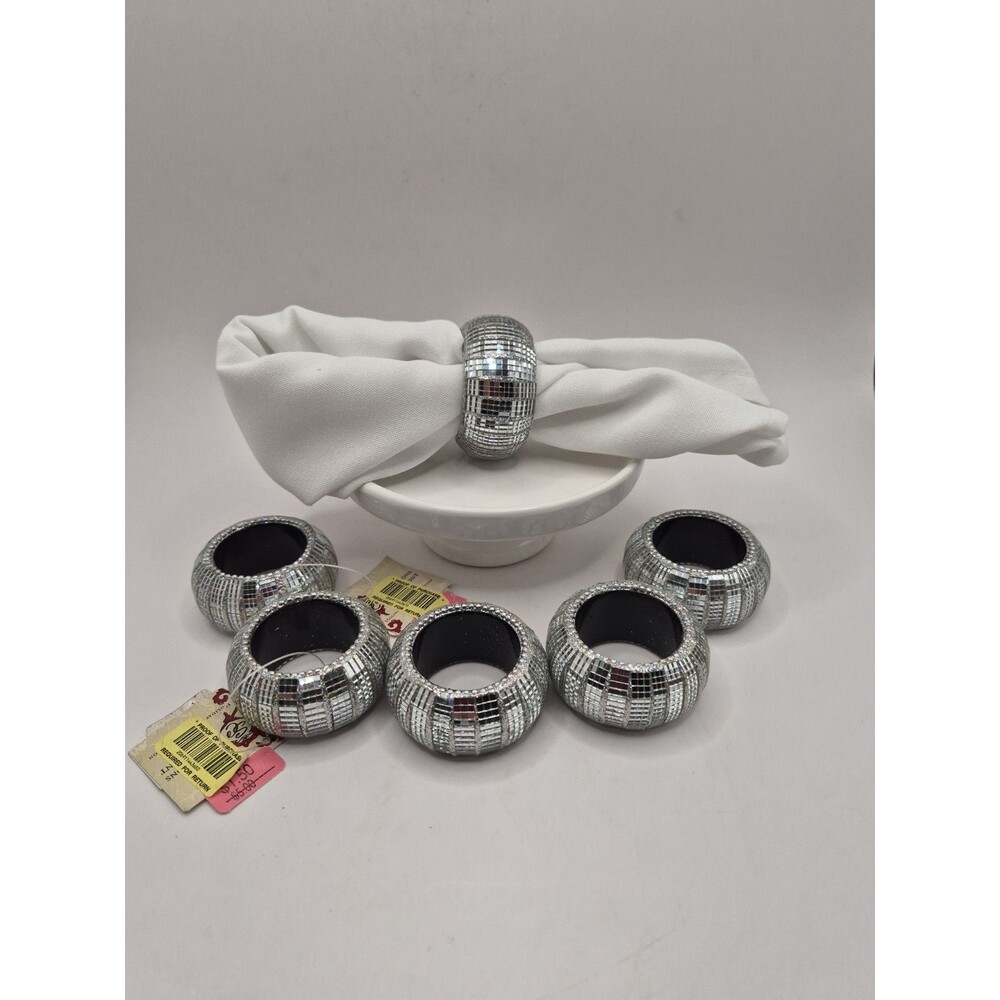 Silver Napkin Rings ( Set Of 6) Elegant Round Mirrored 2”x1”